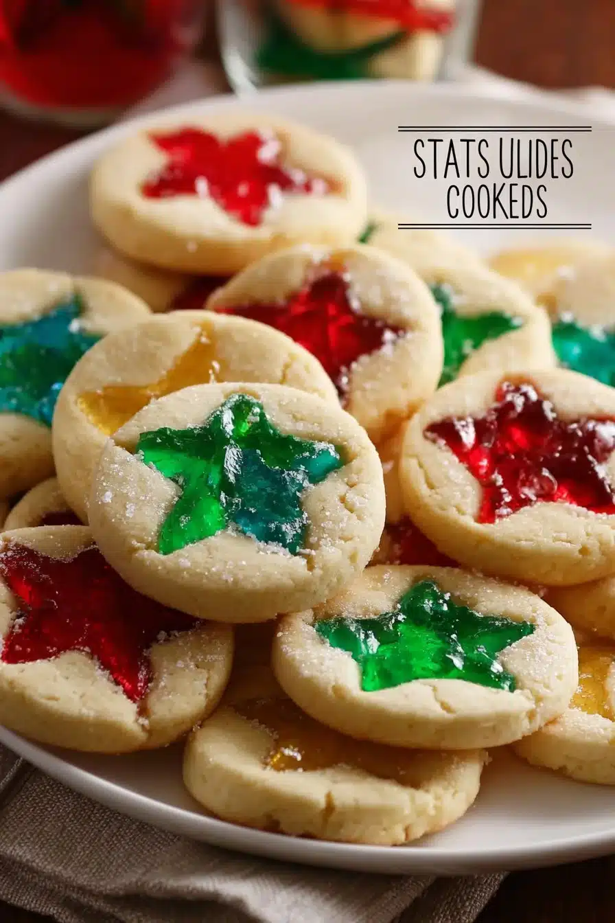 Colorful stained glass cookies displayed on a plate, showcasing vibrant designs.
