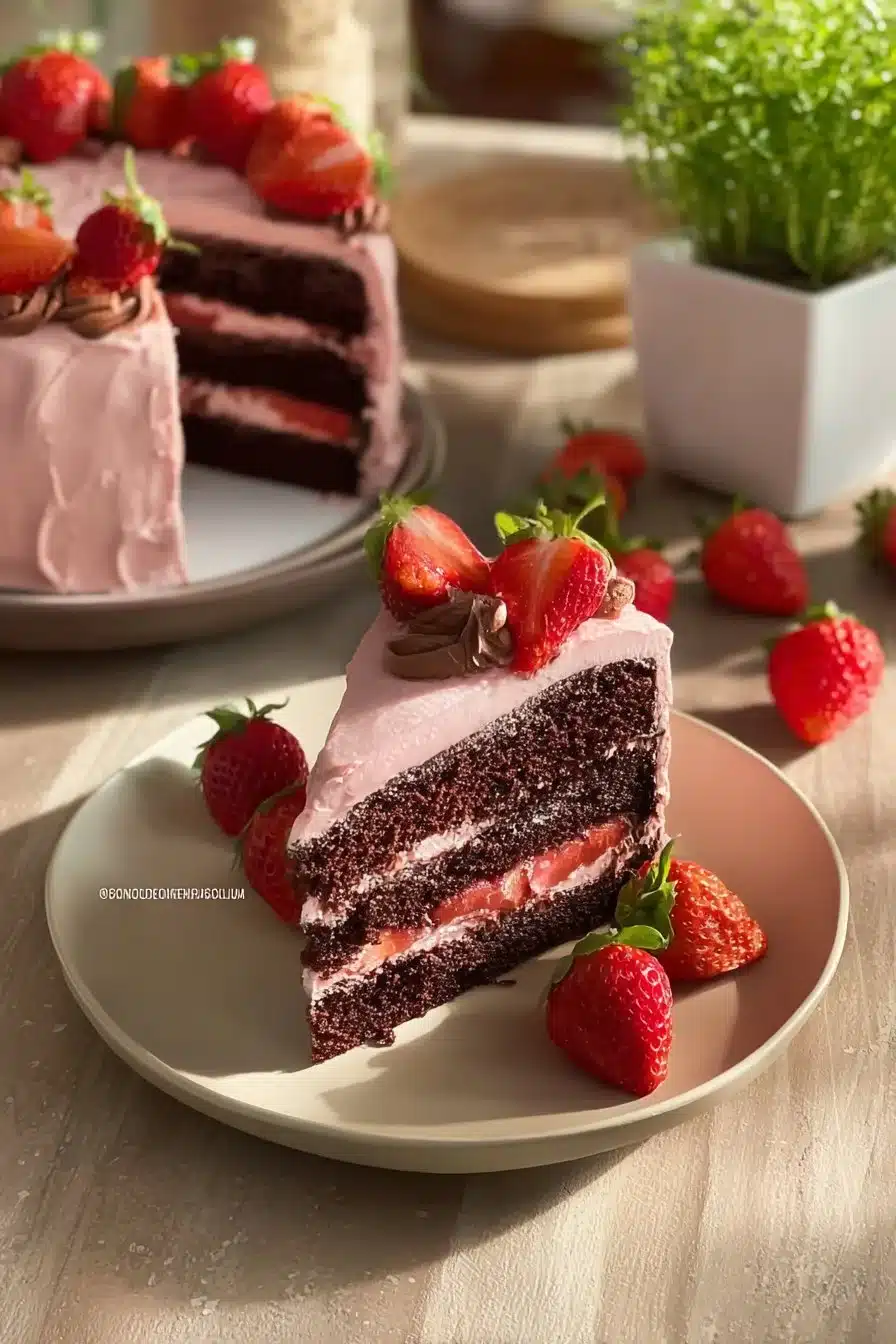 Delicious strawberry chocolate cake topped with fresh strawberries and chocolate frosting