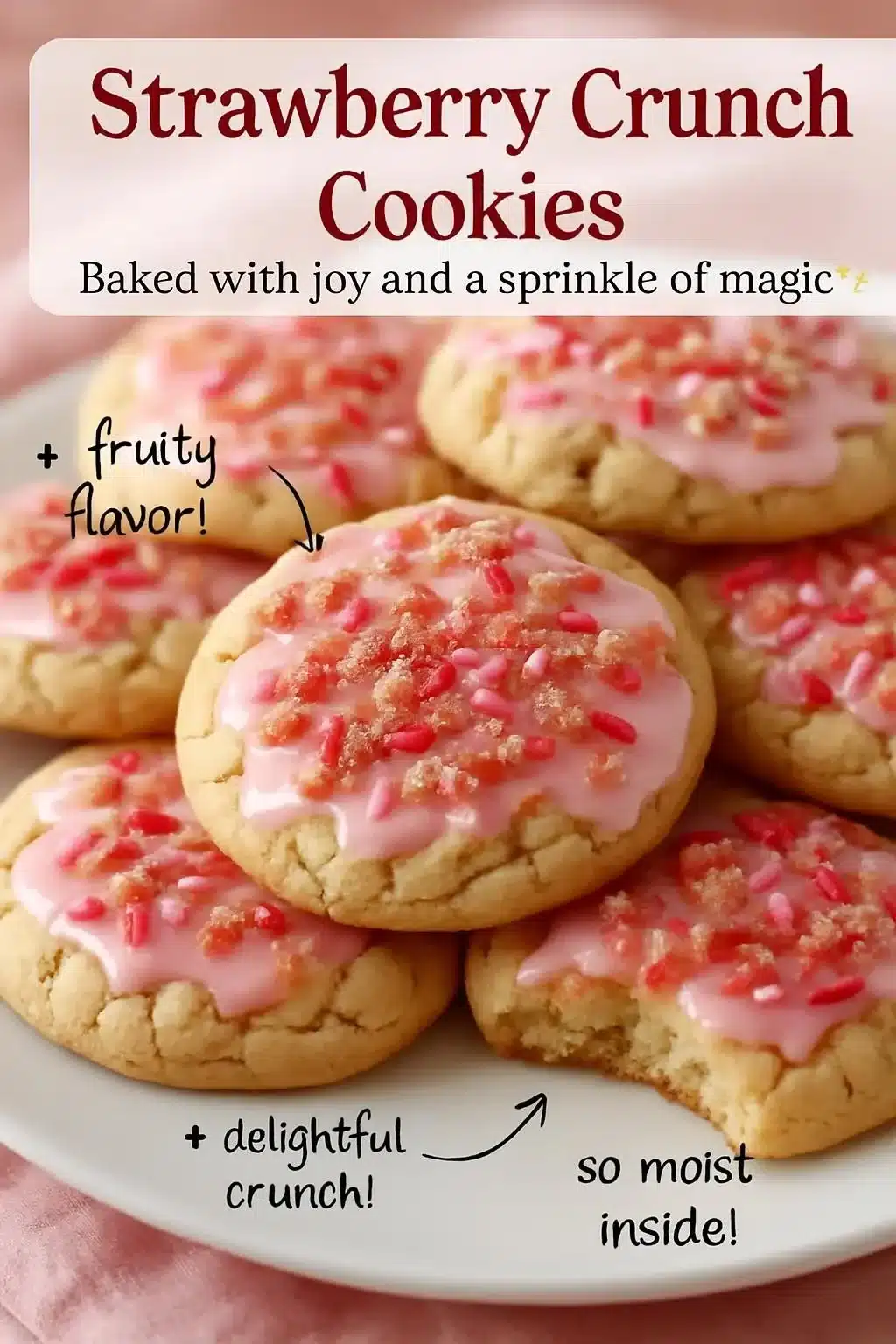 Freshly baked Strawberry Crunch Cookies with a crispy texture and strawberry flavor