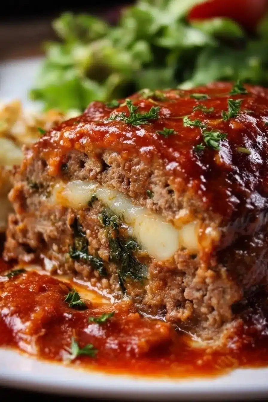 Stuffed Italian meatloaf with herbs and cheese, served on a plate.