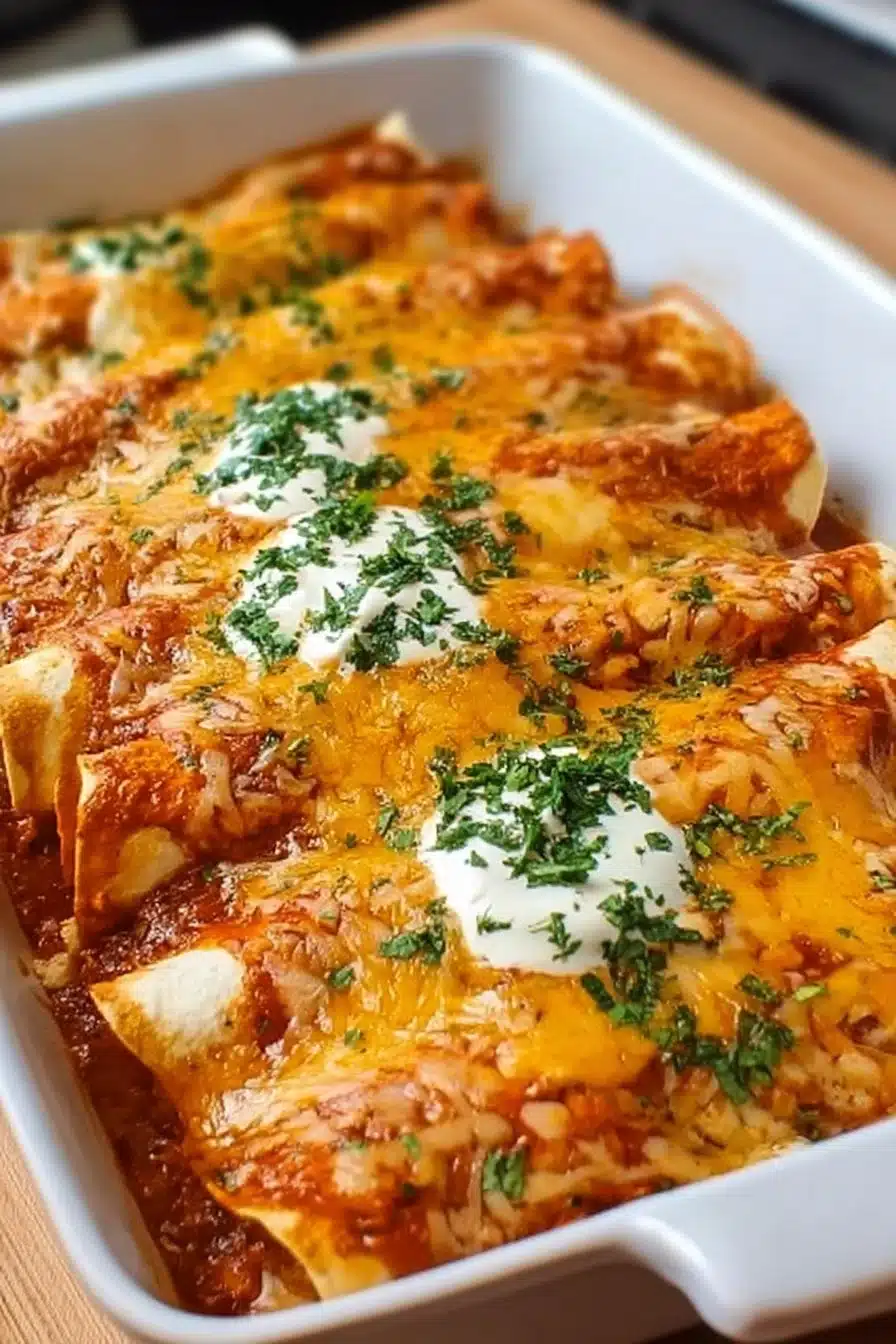 Easy chicken enchiladas recipe with melted cheese and fresh toppings