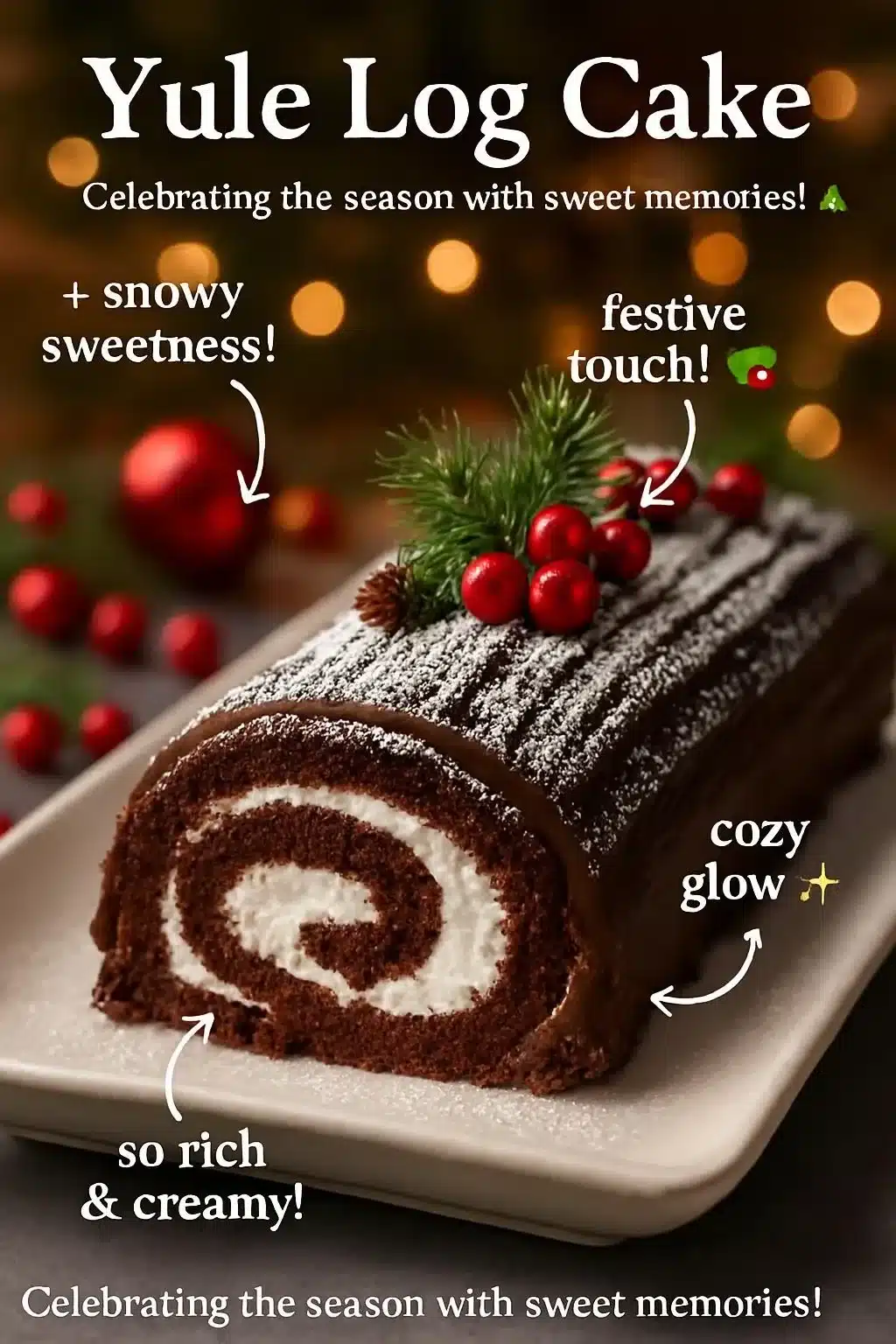 Delicious homemade Yule Log Cake decorated for the holiday season
