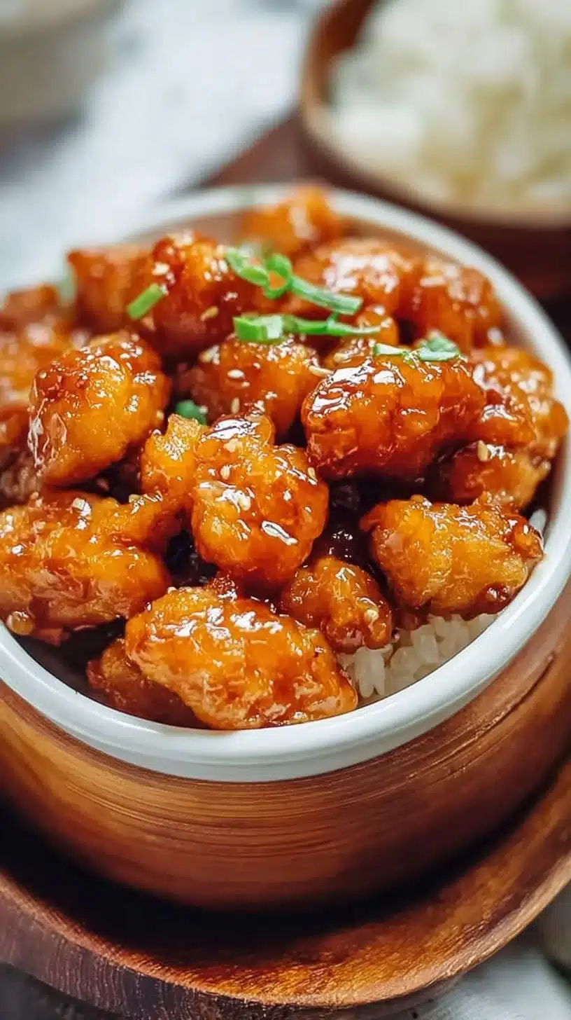 Delicious 3 Ingredient Orange Chicken garnished with sesame seeds and green onions.