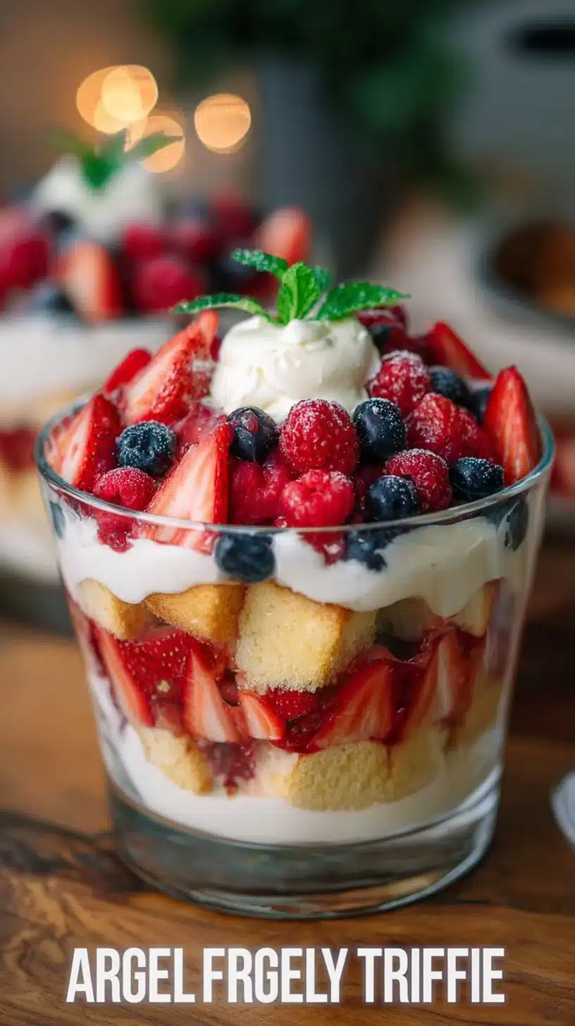 Delicious Angel Food Berry Trifle dessert with fresh berries and cream