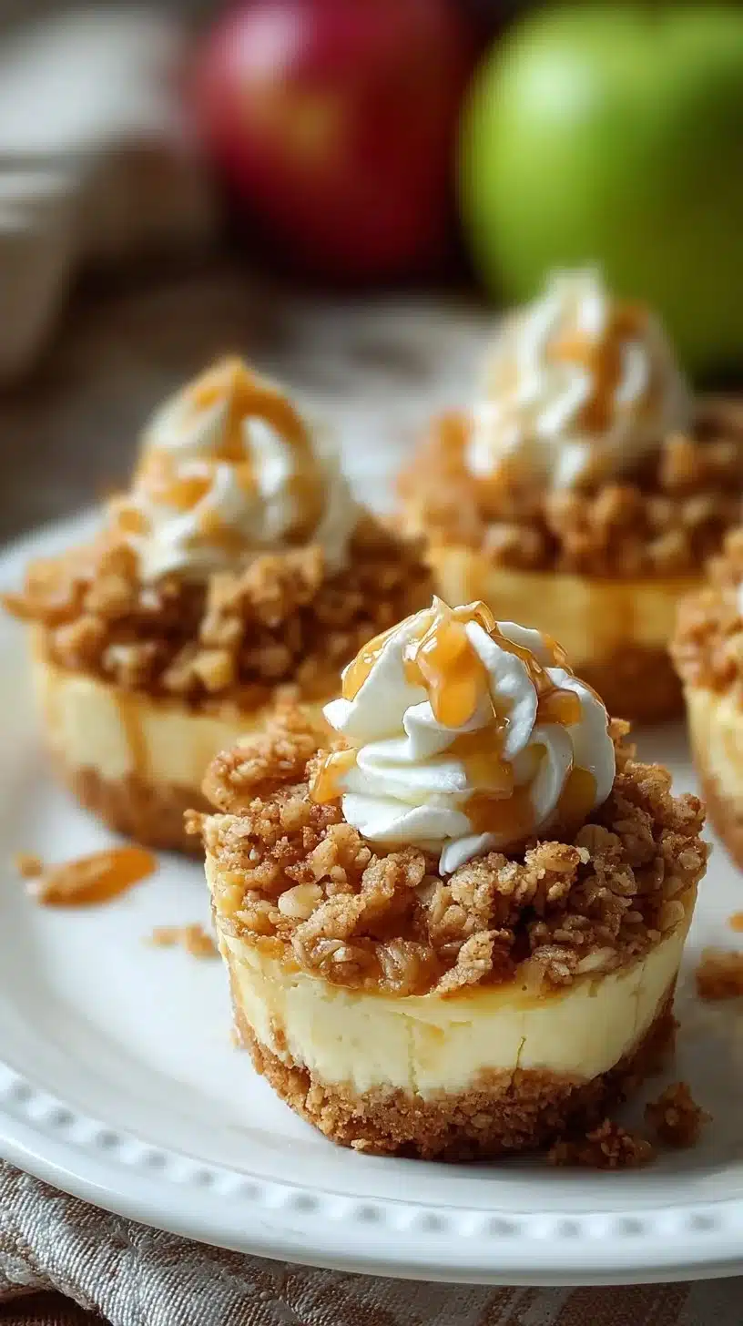 Delicious Apple Crisp Mini Cheesecakes topped with spiced apples and crumble