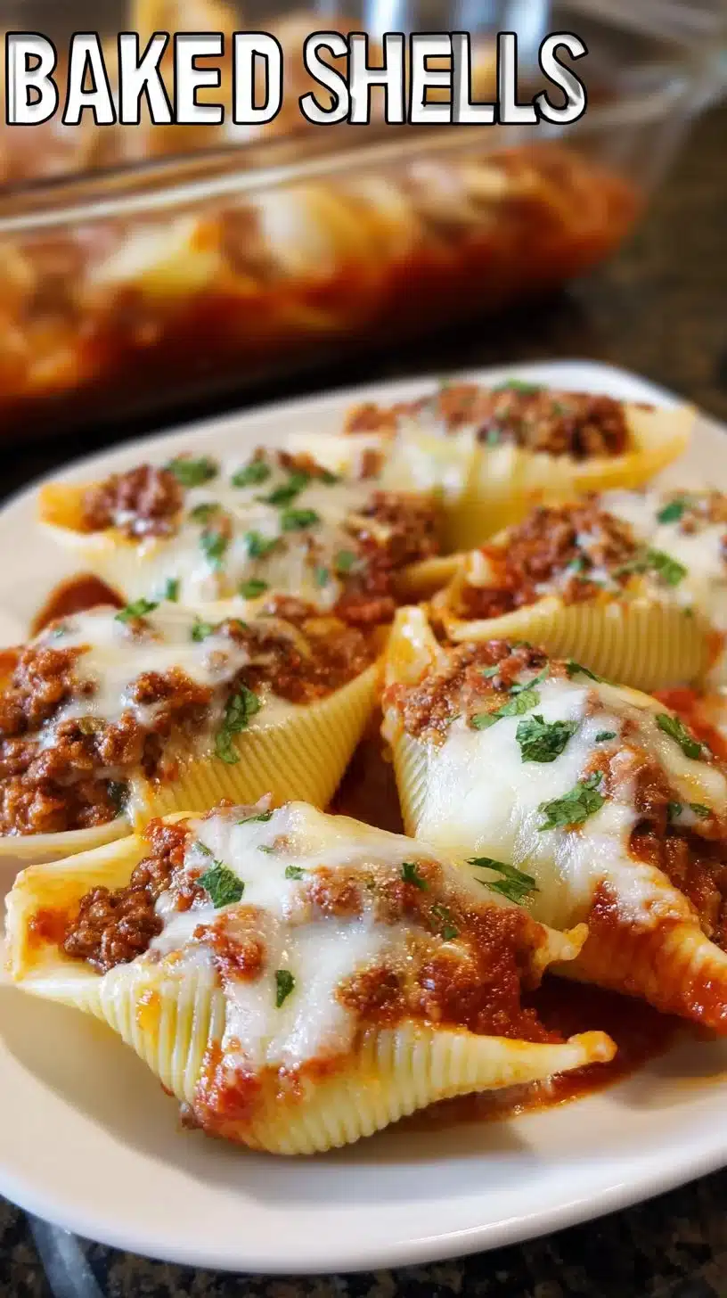 Delicious baked stuffed shells filled with creamy cheese and topped with marinara sauce