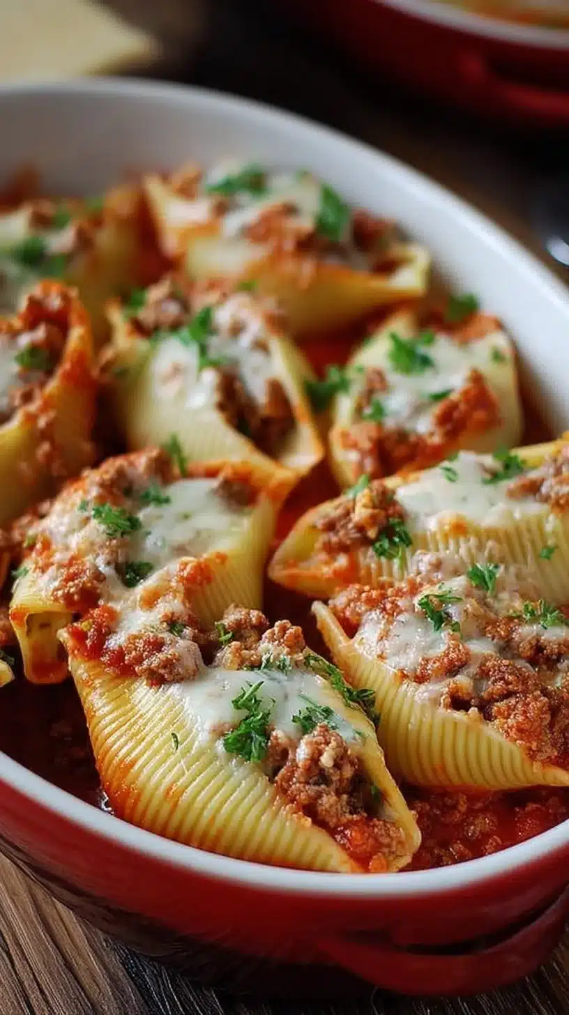 Baked stuffed shells filled with cheese and topped with marinara sauce