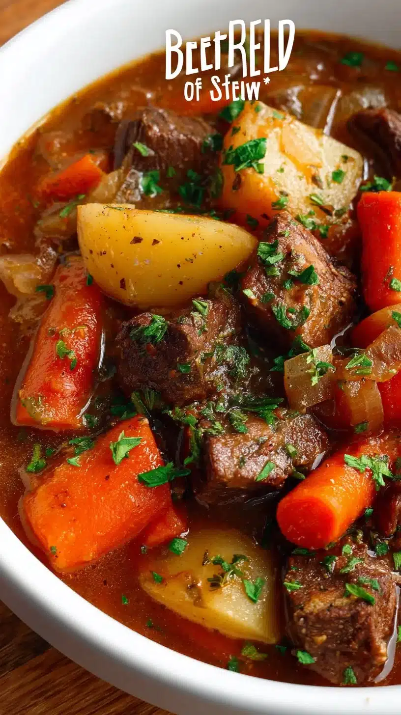 A bowl of delicious beef stew with vegetables, perfect for a hearty meal.