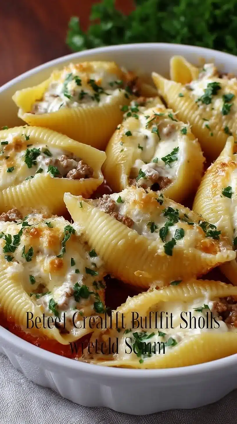 Plate of beef stuffed shells with creamy ricotta filling, perfect for family dinners.