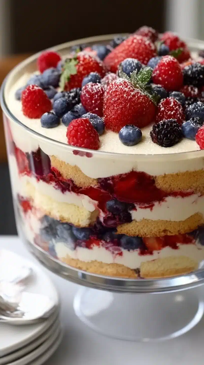 Delicious berry tiramisu trifle layered with fresh berries and creamy mascarpone