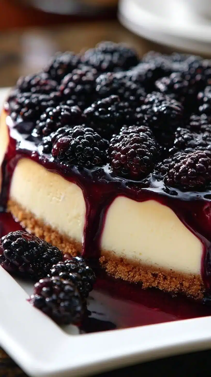 Slice of delicious blackberry cheesecake topped with fresh blackberries