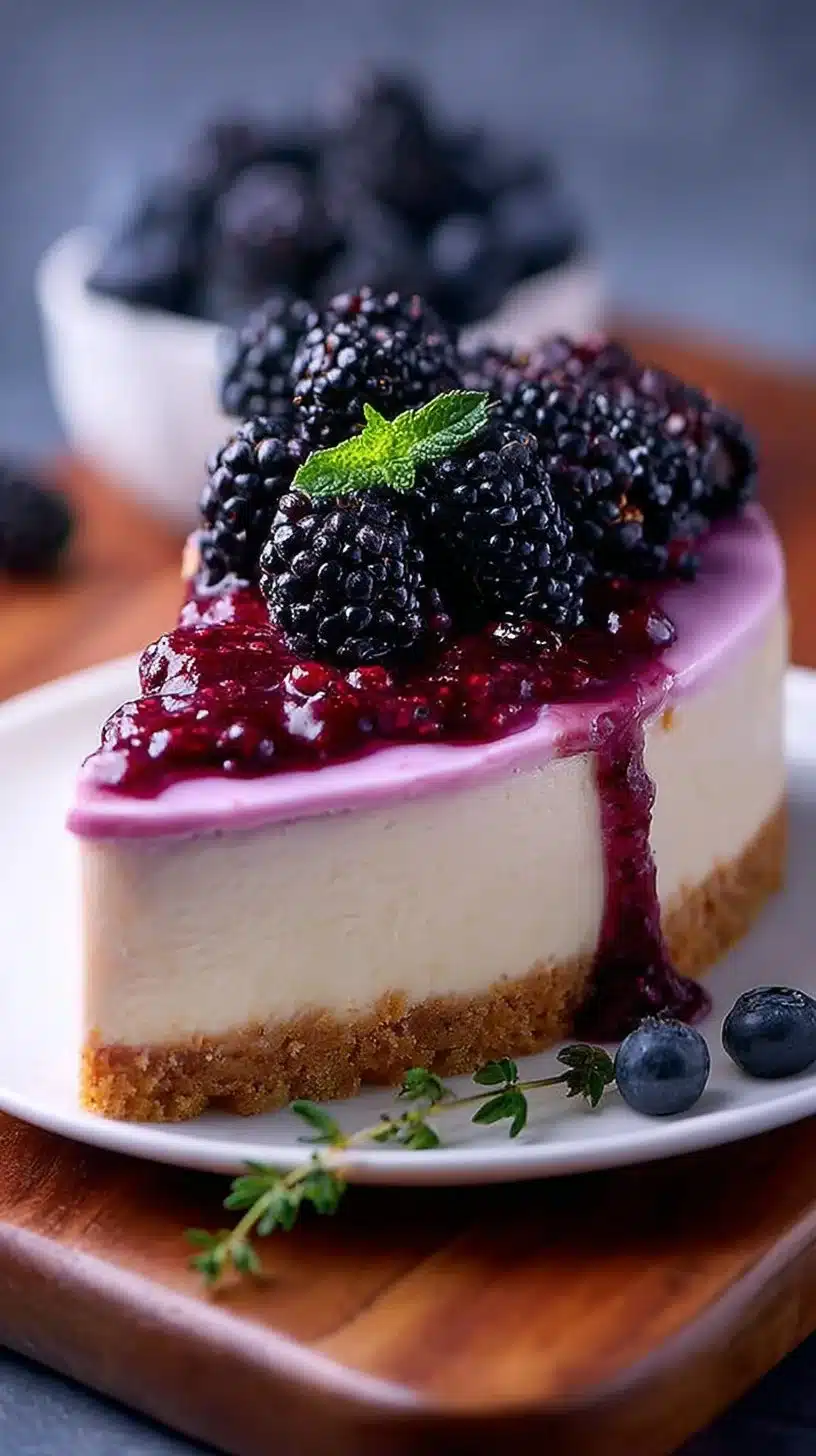 Delicious homemade blackberry cheesecake with berry topping and graham cracker crust.