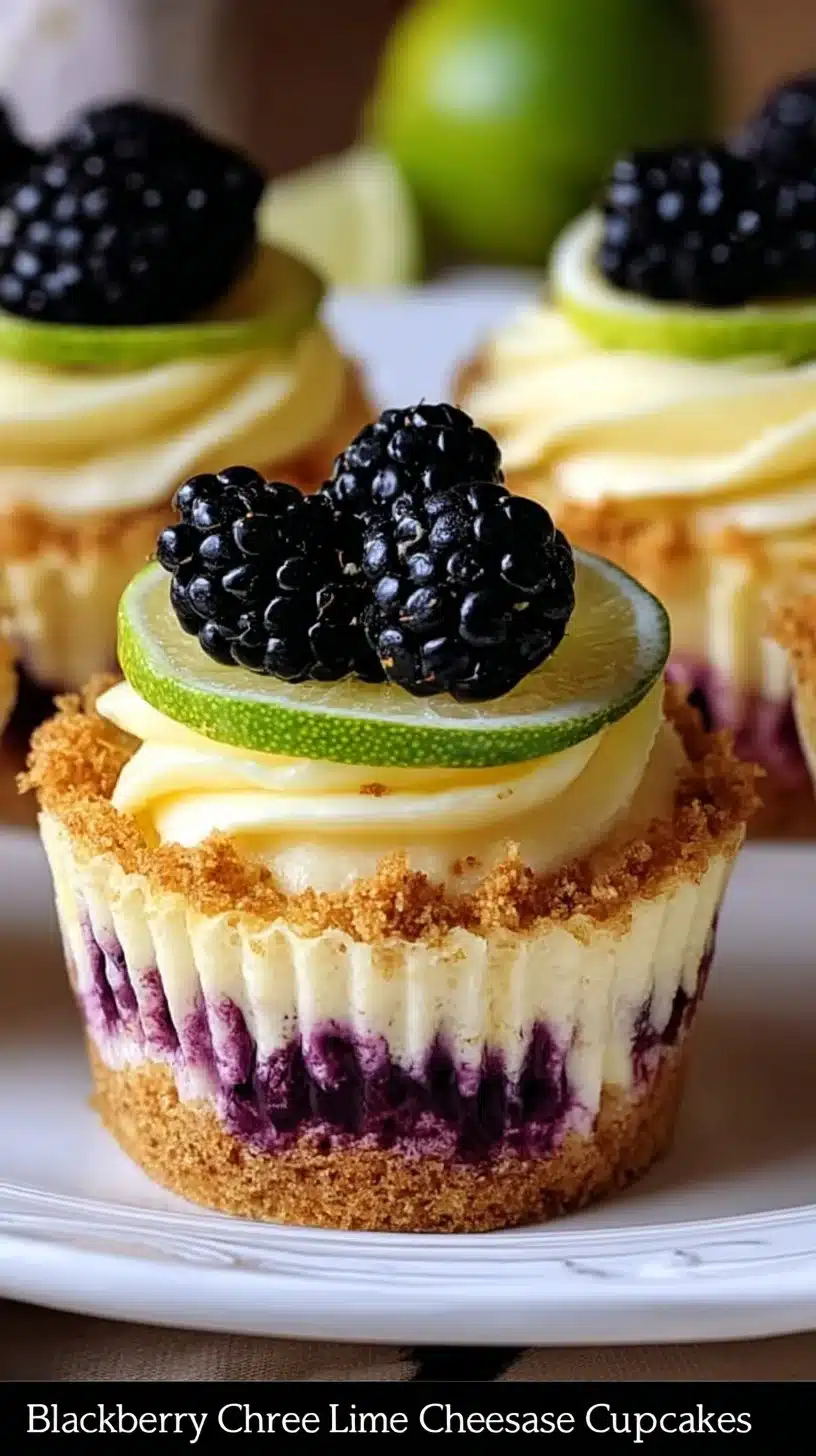 Blackberry Lime Cheesecake Cupcakes topped with fresh blackberries and lime zest