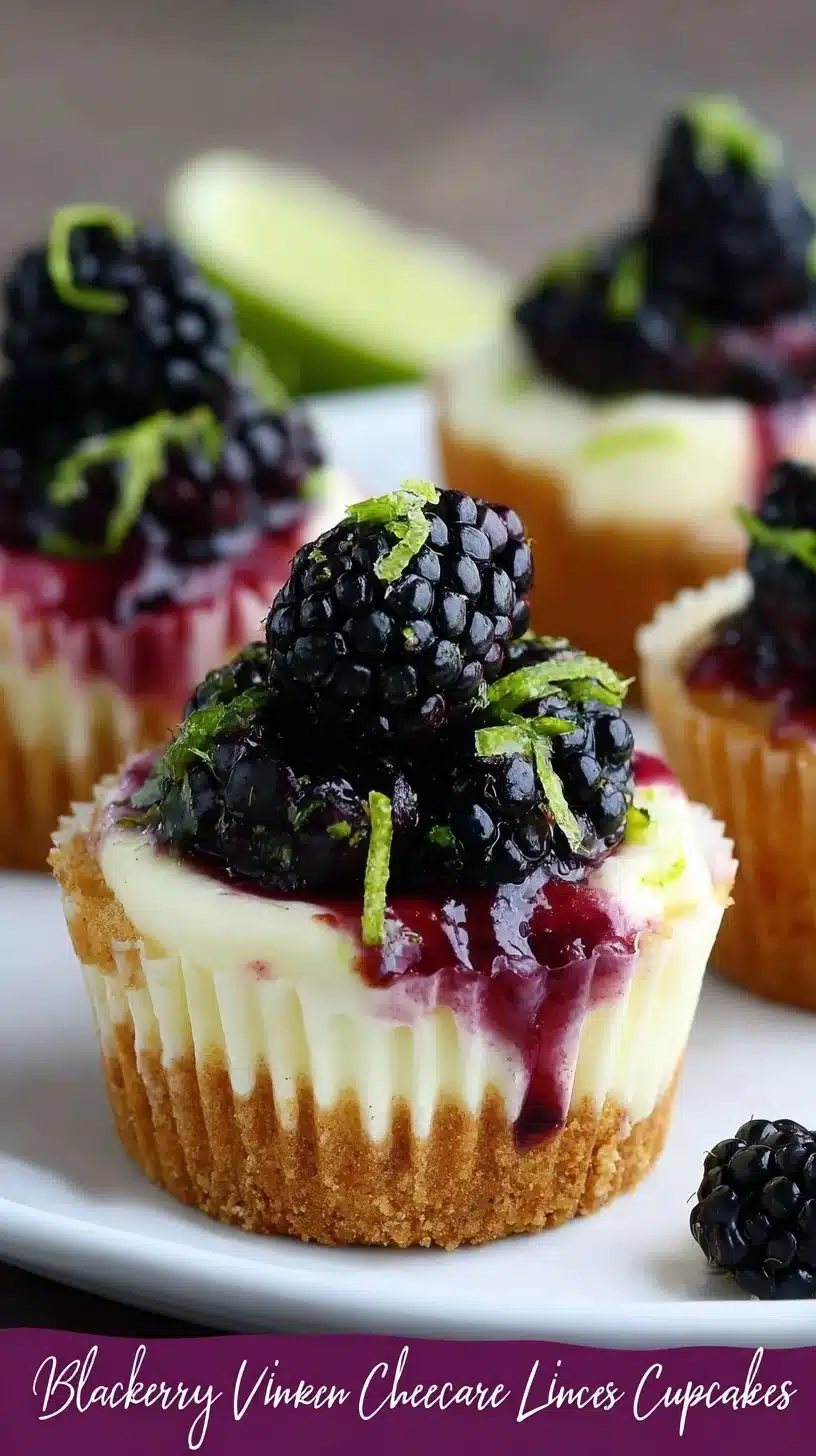 Blackberry Lime Cheesecake Cupcakes topped with fresh berries and lime zest