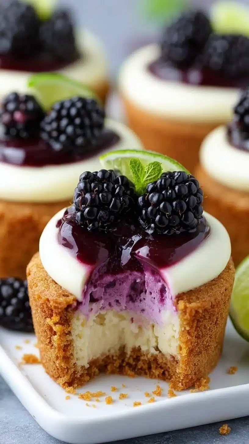 Blackberry Lime Cheesecake Cupcakes topped with fresh blackberries and lime zest