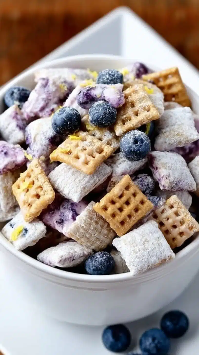 Blueberry lemon cheesecake puppy chow mix in a bowl with blueberries