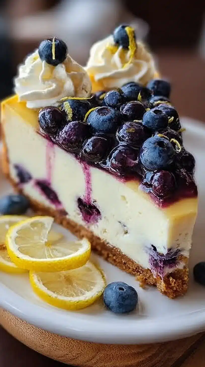 Sliced blueberry lemon cheesecake on a plate with fresh blueberries on top.