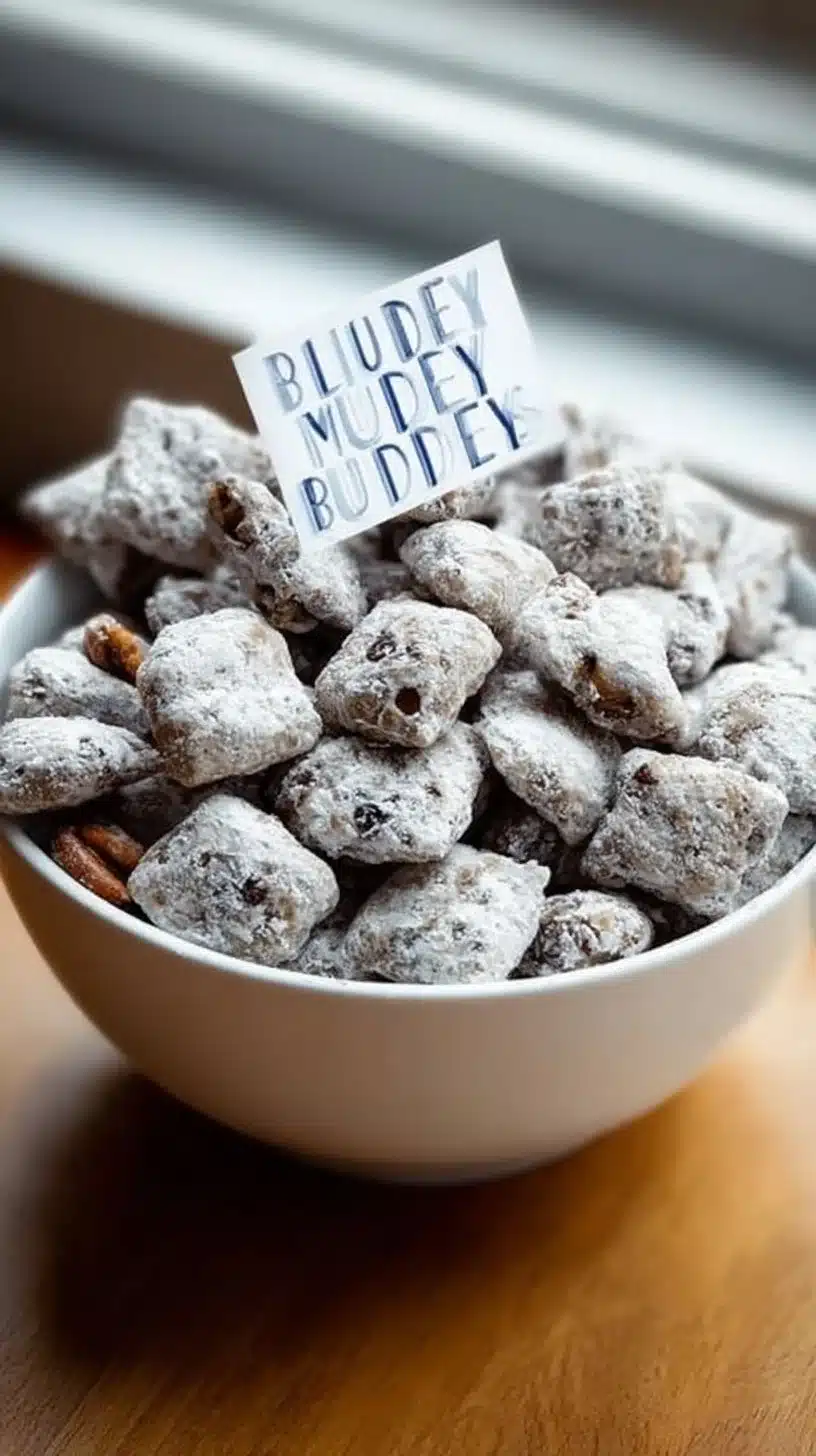Delicious Blueberry Muddy Buddies snack mix with blueberries and chocolate