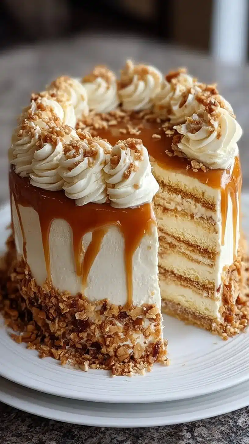 Delicious Caramel Crunch Cake with layers of caramel and crunchy toppings