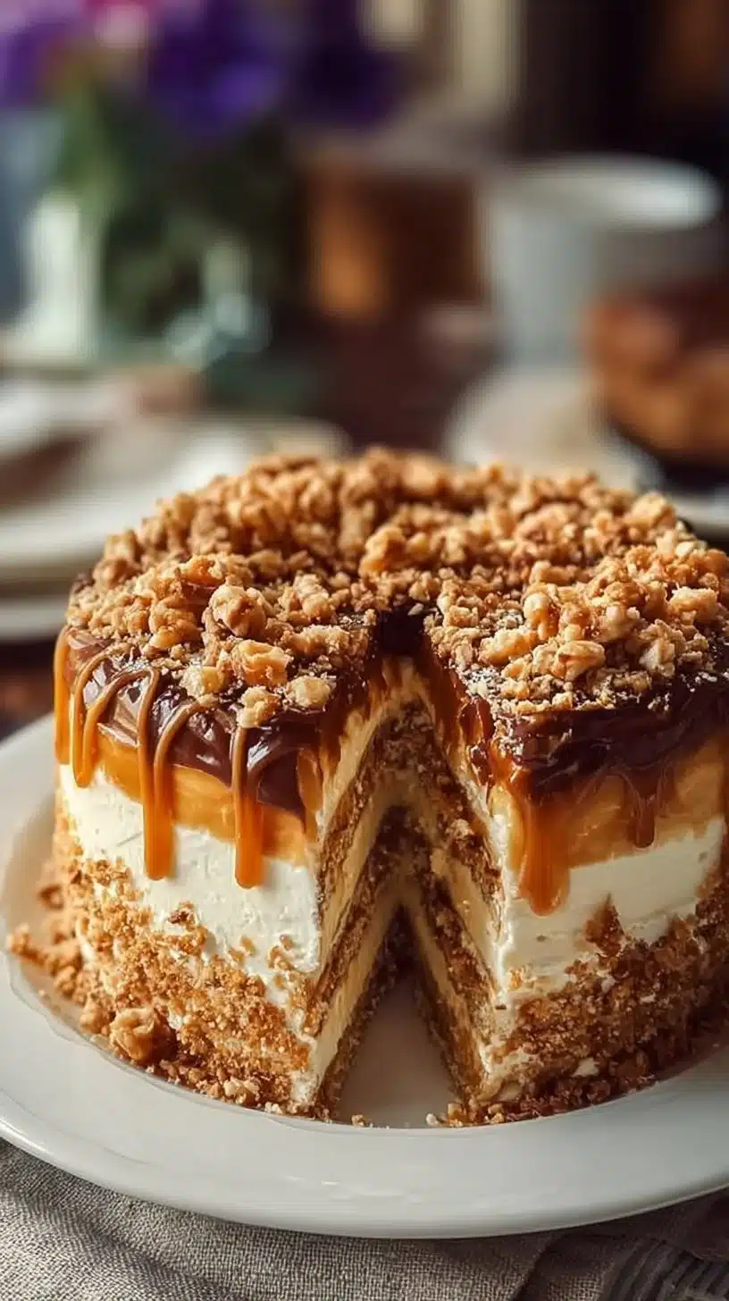 Delicious Caramel Crunch Cake with layers and crunchy topping.