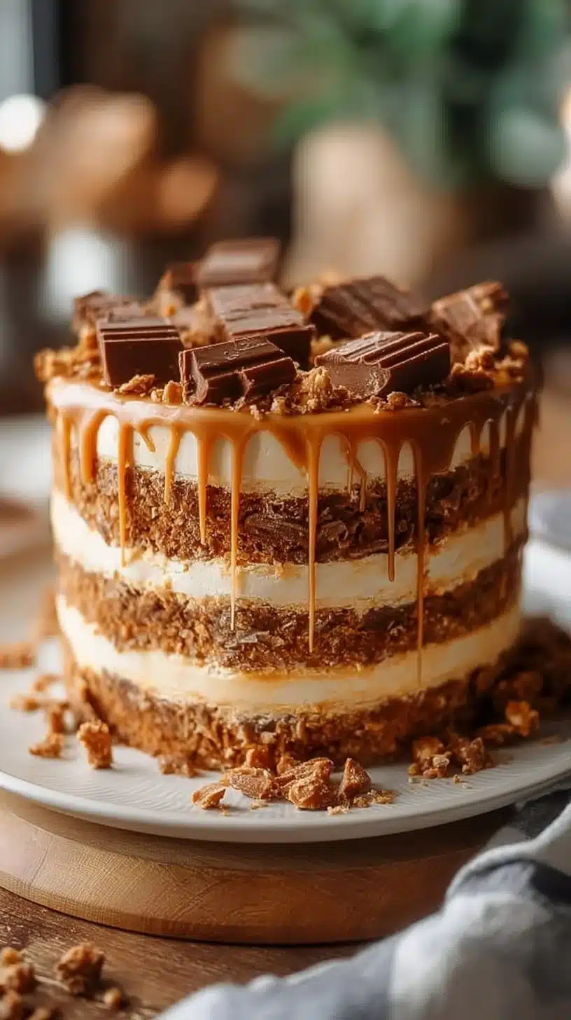 Delicious Caramel Toffee Crunch Cake with a crunchy topping