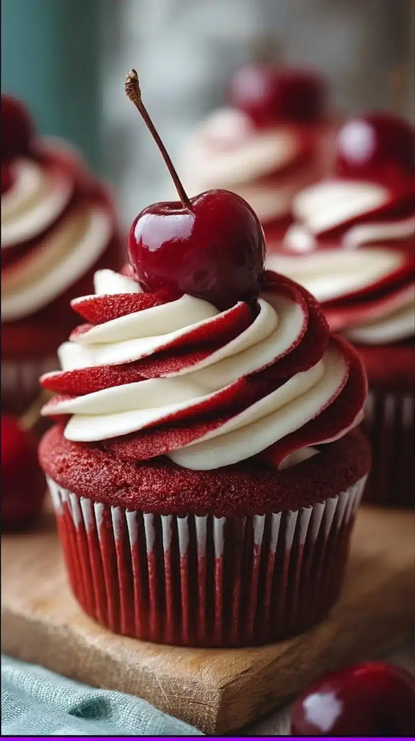 Delicious Cherry Red Velvet Cupcakes topped with cream cheese frosting