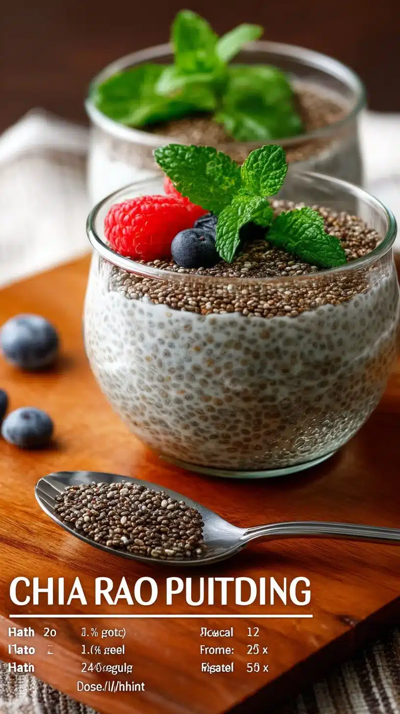 Delicious chia seed pudding topped with fruits and nuts in a glass bowl.