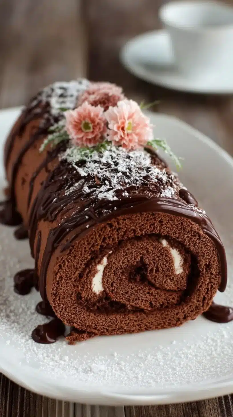 Delicious homemade chocolate cake roll garnished with whipped cream and chocolate shavings.