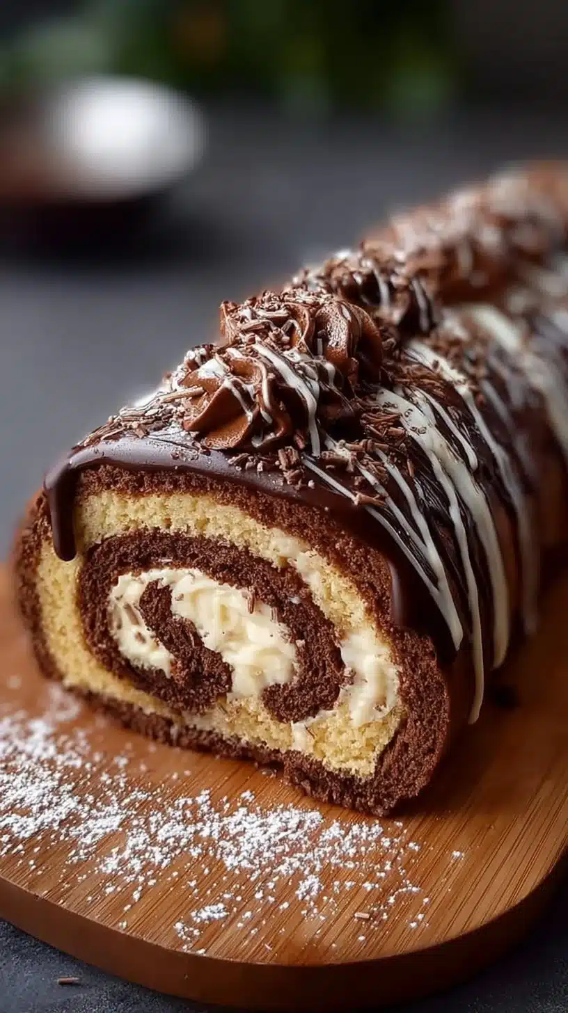 Delicious chocolate cake roll filled with creamy chocolate frosting