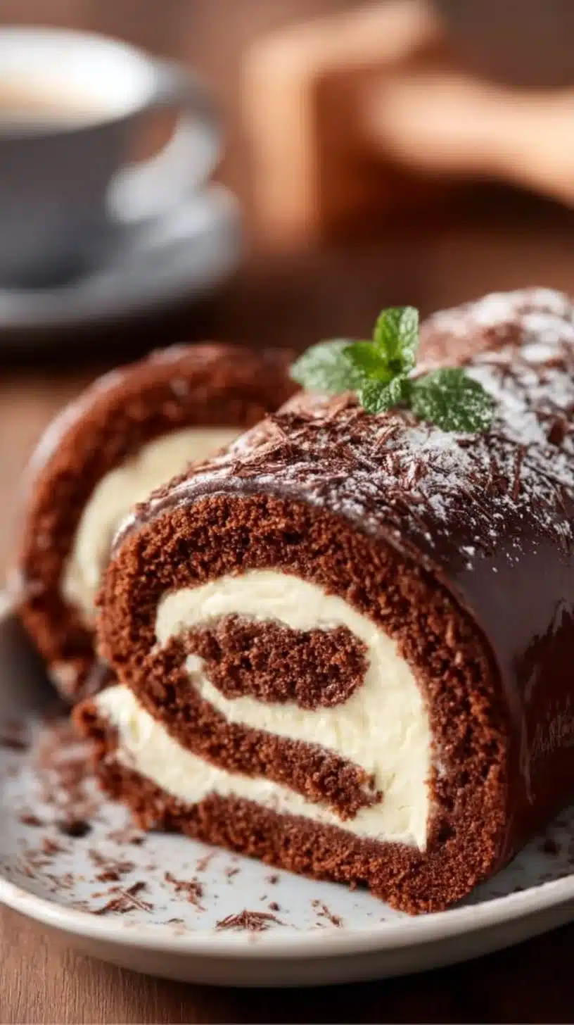 Delicious chocolate cake roll with rich creamy filling on a plate