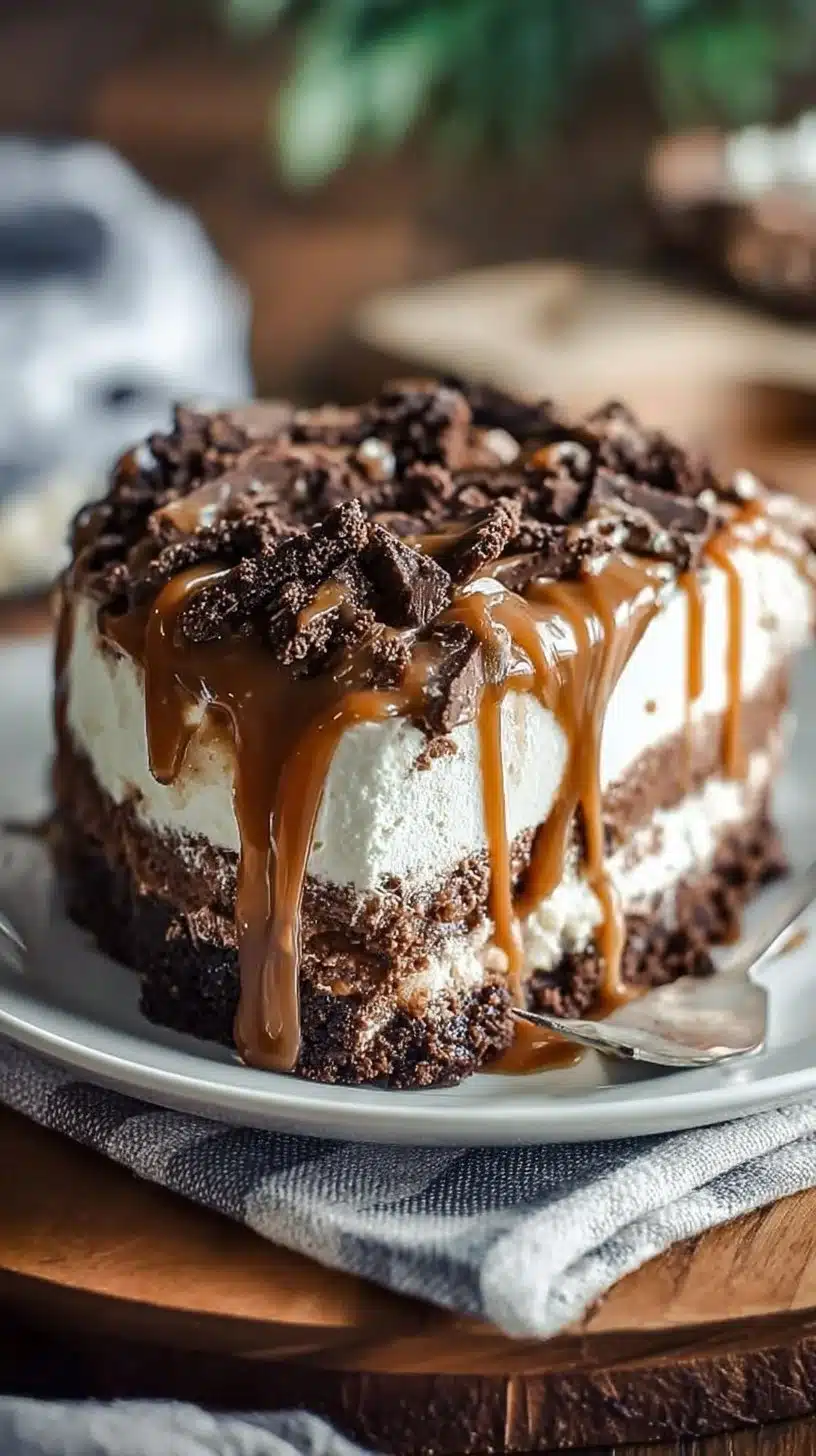 Chocolate caramel homemade ice cream cake served on a plate