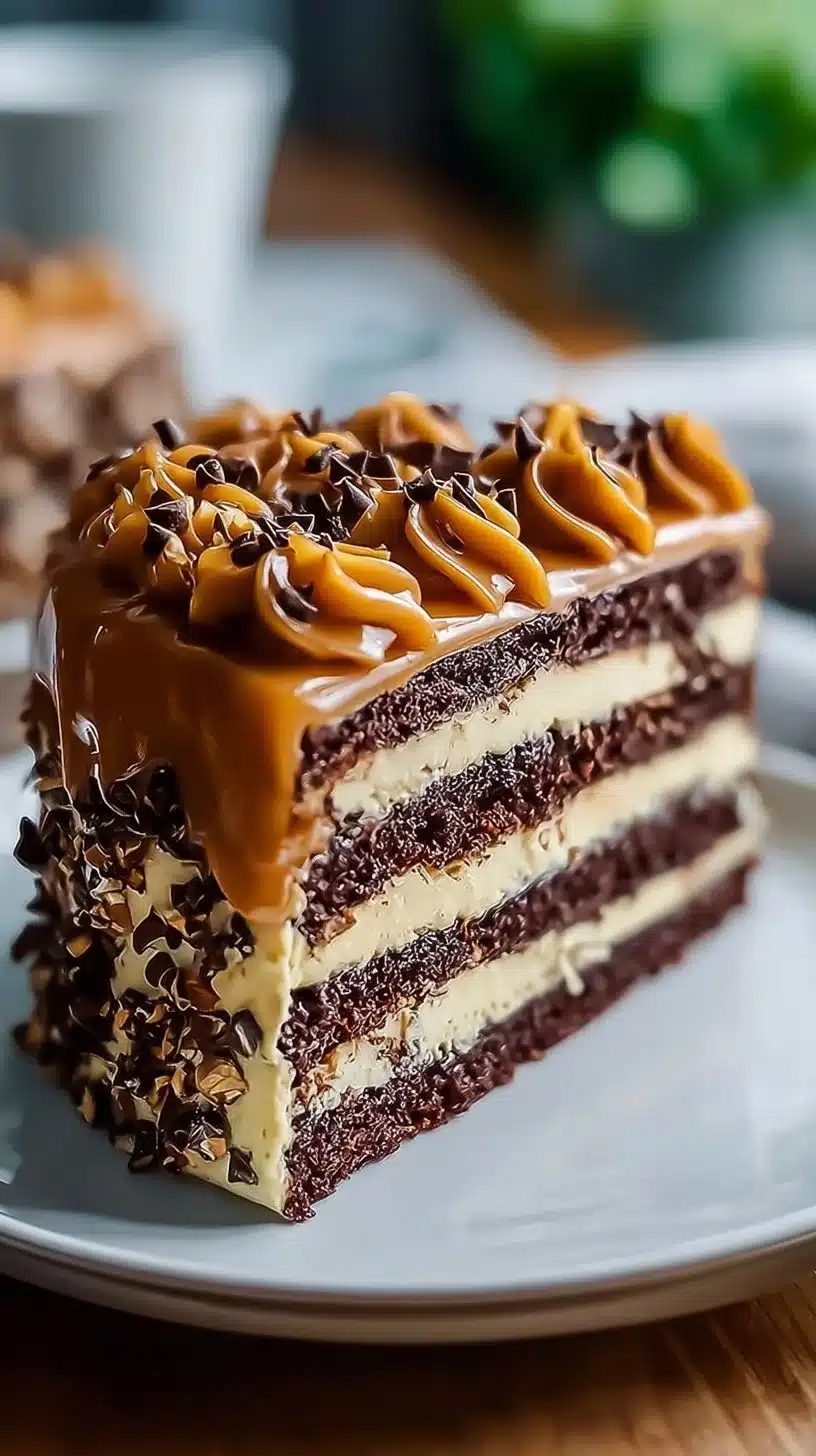 Chocolate Caramel Toffee Crunch Cake with layers of chocolate and toffee crunch