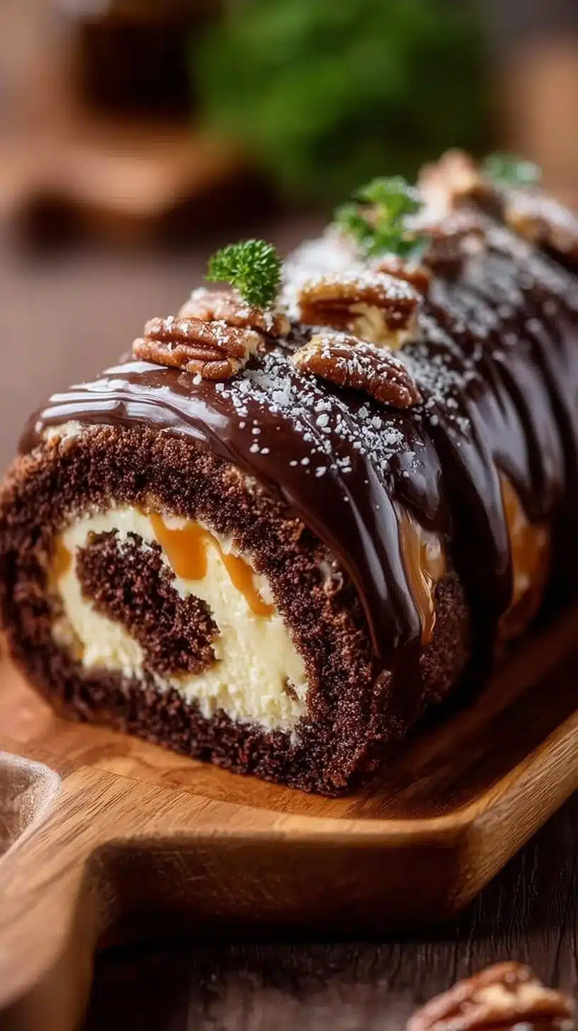 Chocolate Caramel Turtle Cake Roll with chocolate frosting and caramel drizzle