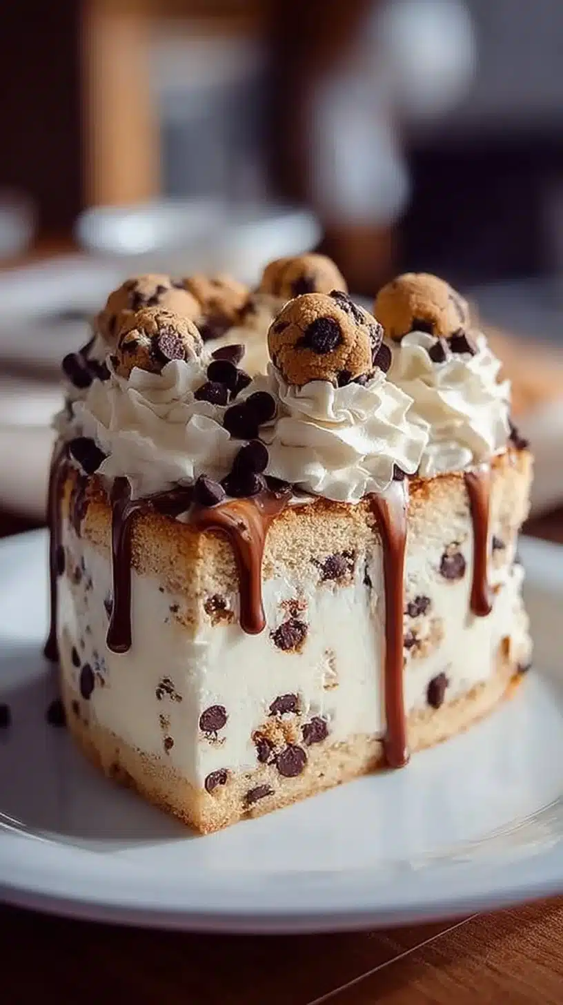Chocolate chip cookie dough ice cream cake with layers of creamy goodness