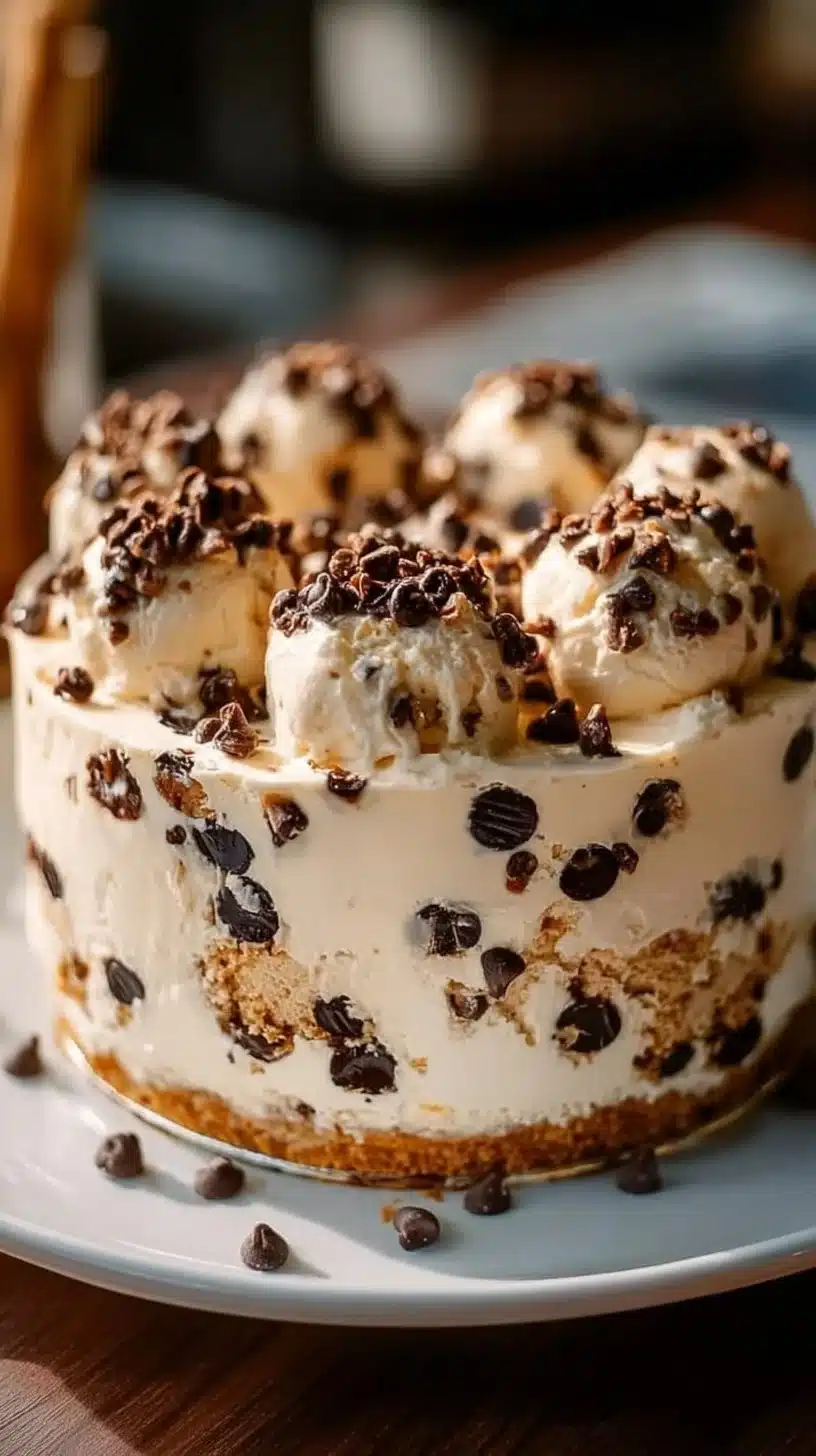 Chocolate chip cookie dough ice cream cake with a creamy texture and rich toppings