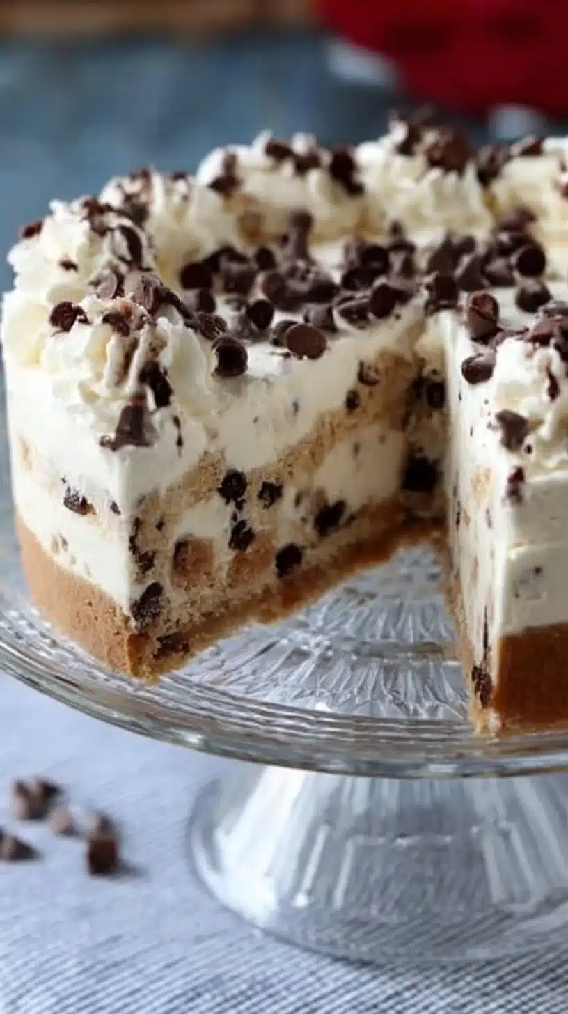 Delicious chocolate chip cookie ice cream cake with chocolate chips and creamy layers