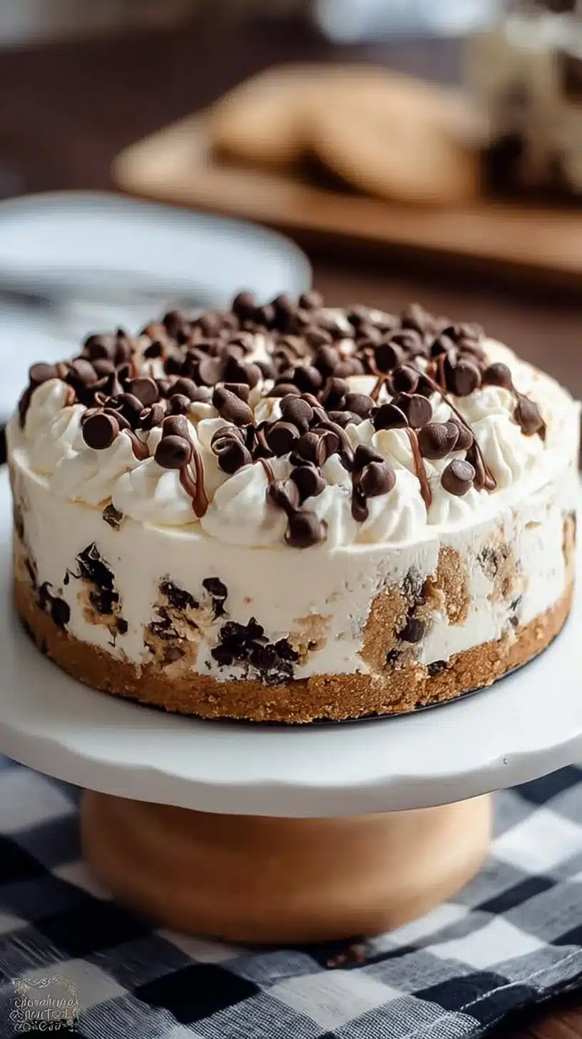 Layered chocolate chip cookie ice cream cake topped with chocolate chips and creamy ice cream