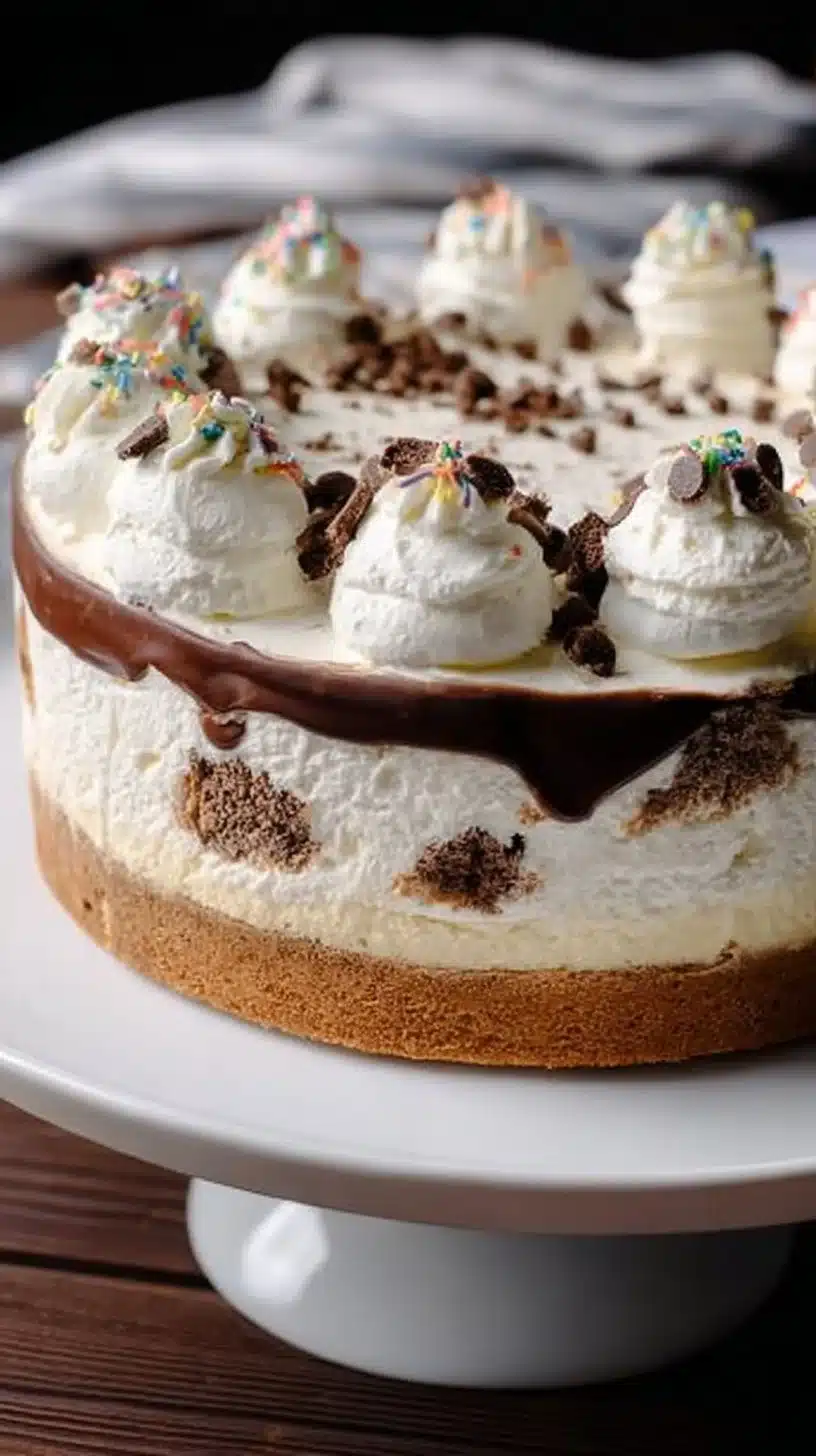 Chocolate chip cookie ice cream cake with layers of cookies and ice cream
