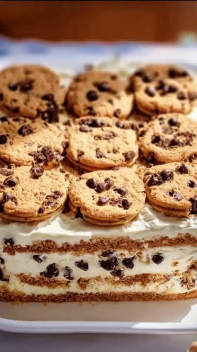 Chocolate Chip Cookie Icebox Cake layered with chocolate chips and cream
