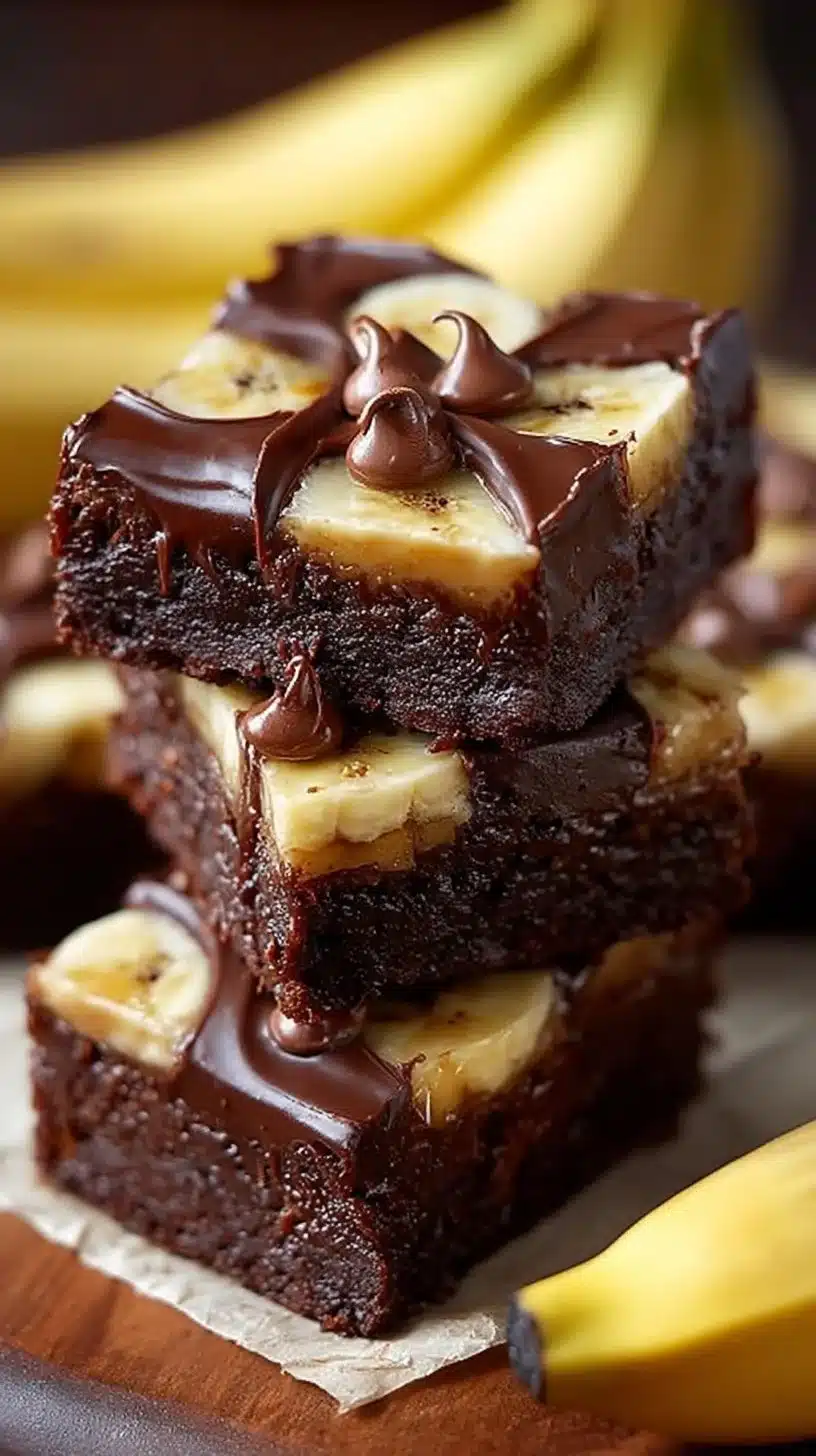 Chocolate covered banana brownies served on a plate, drizzled with chocolate sauce