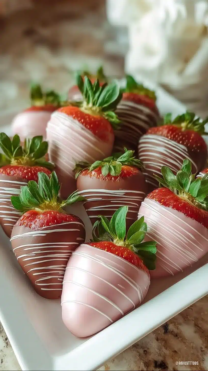 Fresh chocolate covered strawberries drizzled with white chocolate on a plate