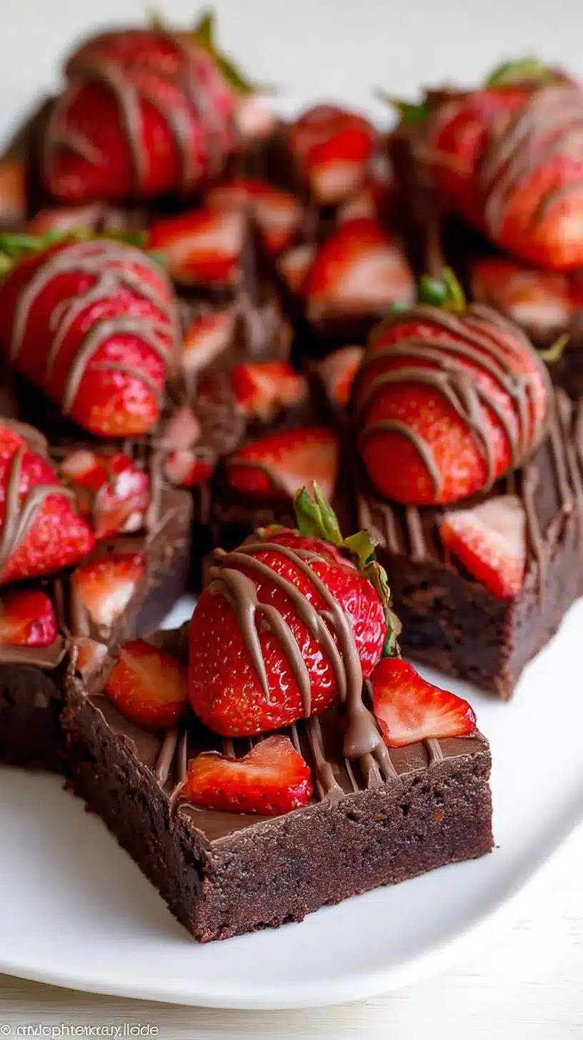 Chocolate-covered strawberry brownies with fresh strawberries on top