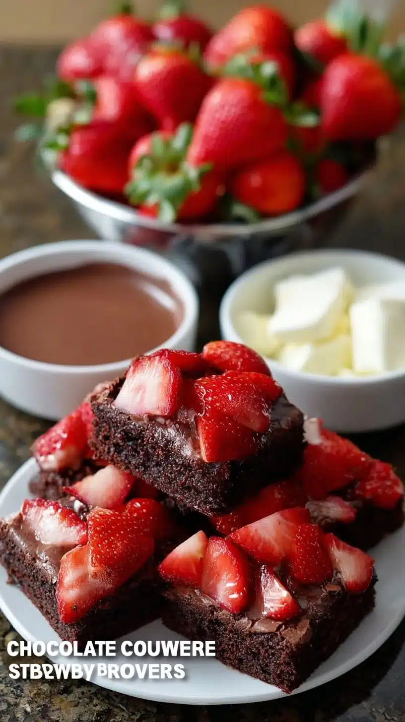 Delicious chocolate covered strawberry brownies topped with fresh strawberries