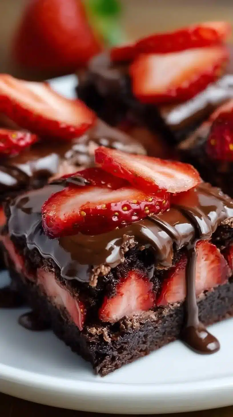 Delicious chocolate-covered strawberry brownies served on a white plate.
