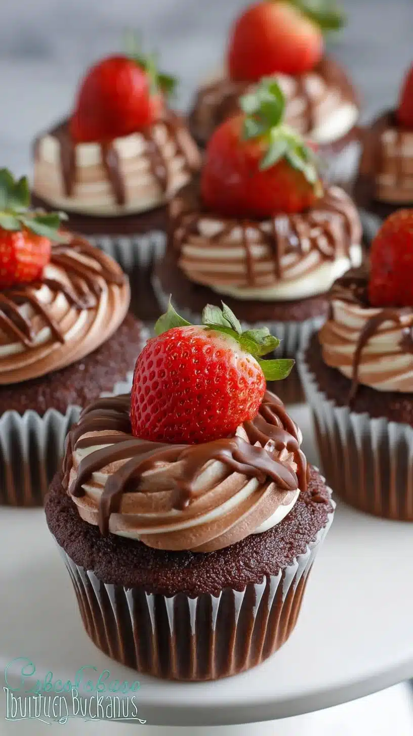 Chocolate covered strawberry cupcakes topped with fresh strawberries and chocolate drizzle