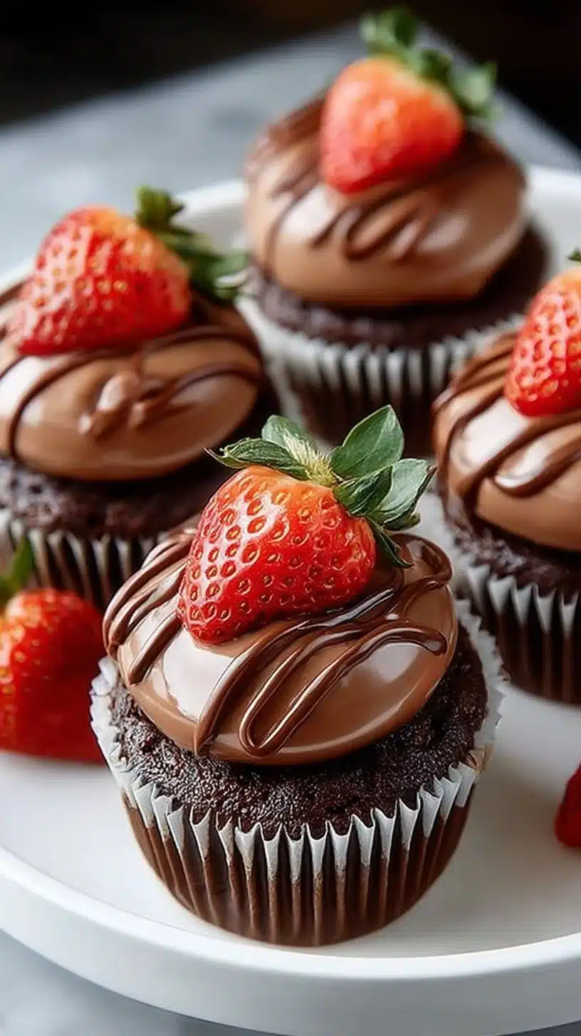 Delicious chocolate covered strawberry cupcakes topped with fresh strawberries