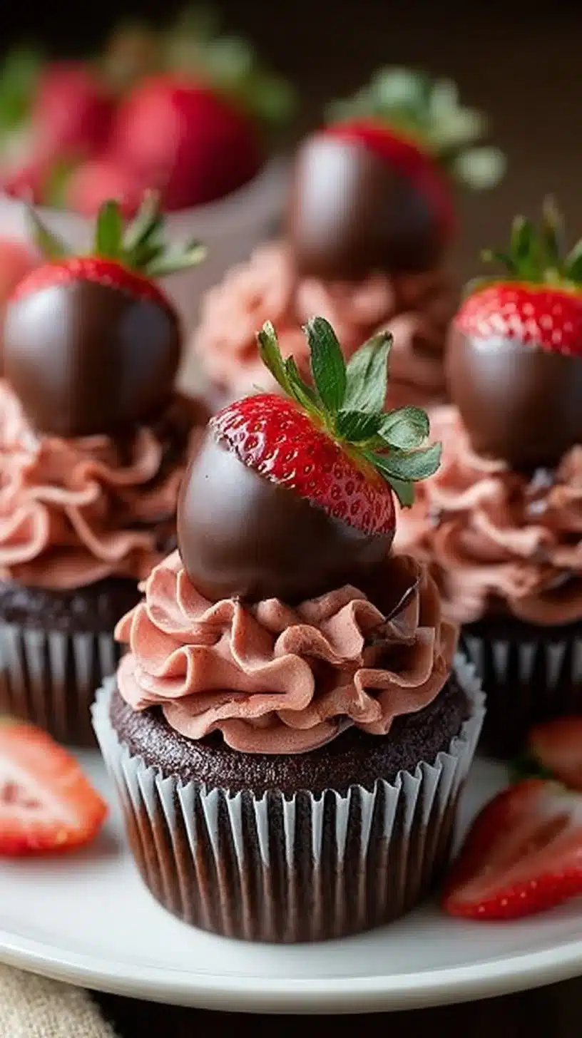 Chocolate covered strawberry cupcakes topped with fresh strawberries and chocolate drizzle