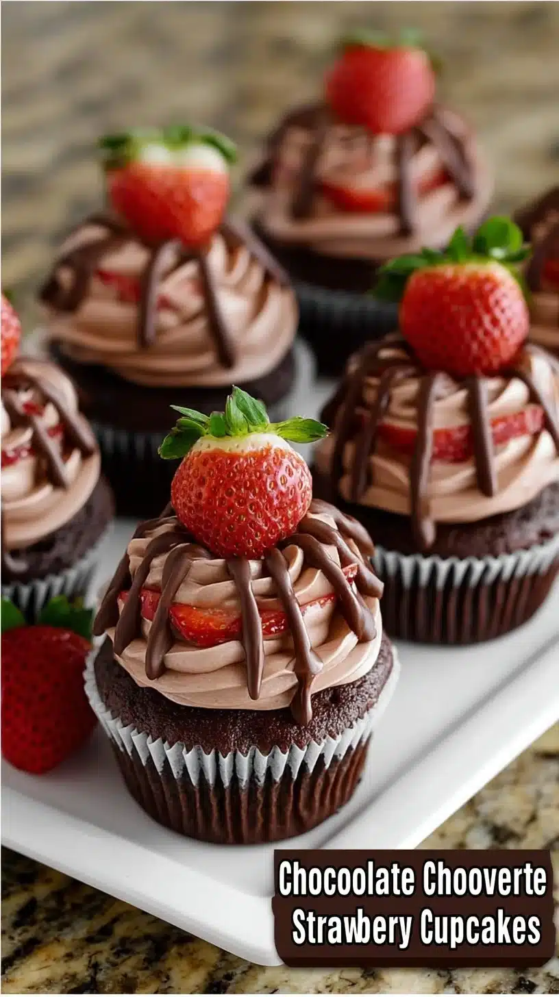 chocolate covered strawberry cupcakes topped with fresh strawberries and chocolate drizzle