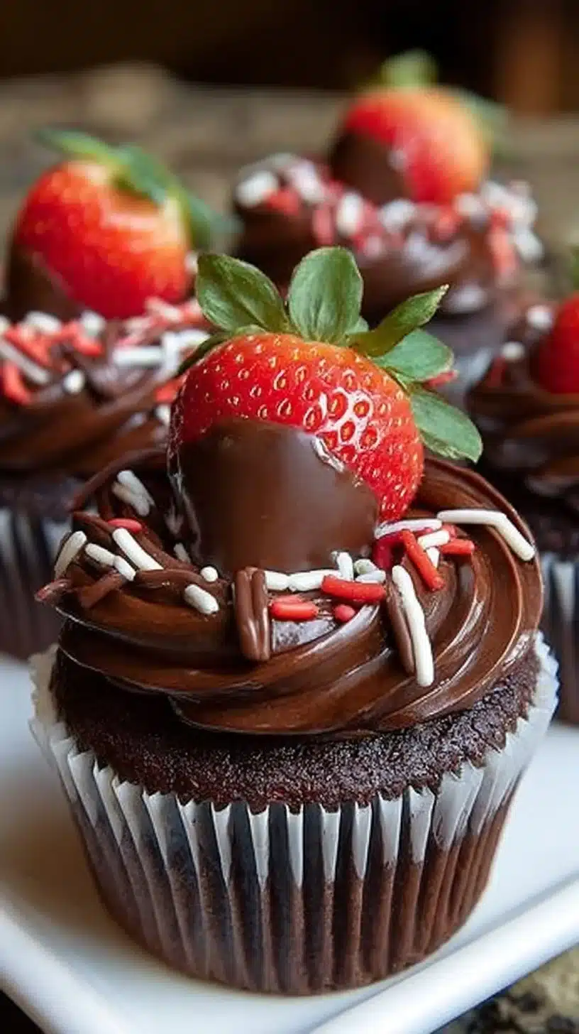 Chocolate-dipped strawberry cupcakes with rich chocolate frosting and fresh toppings