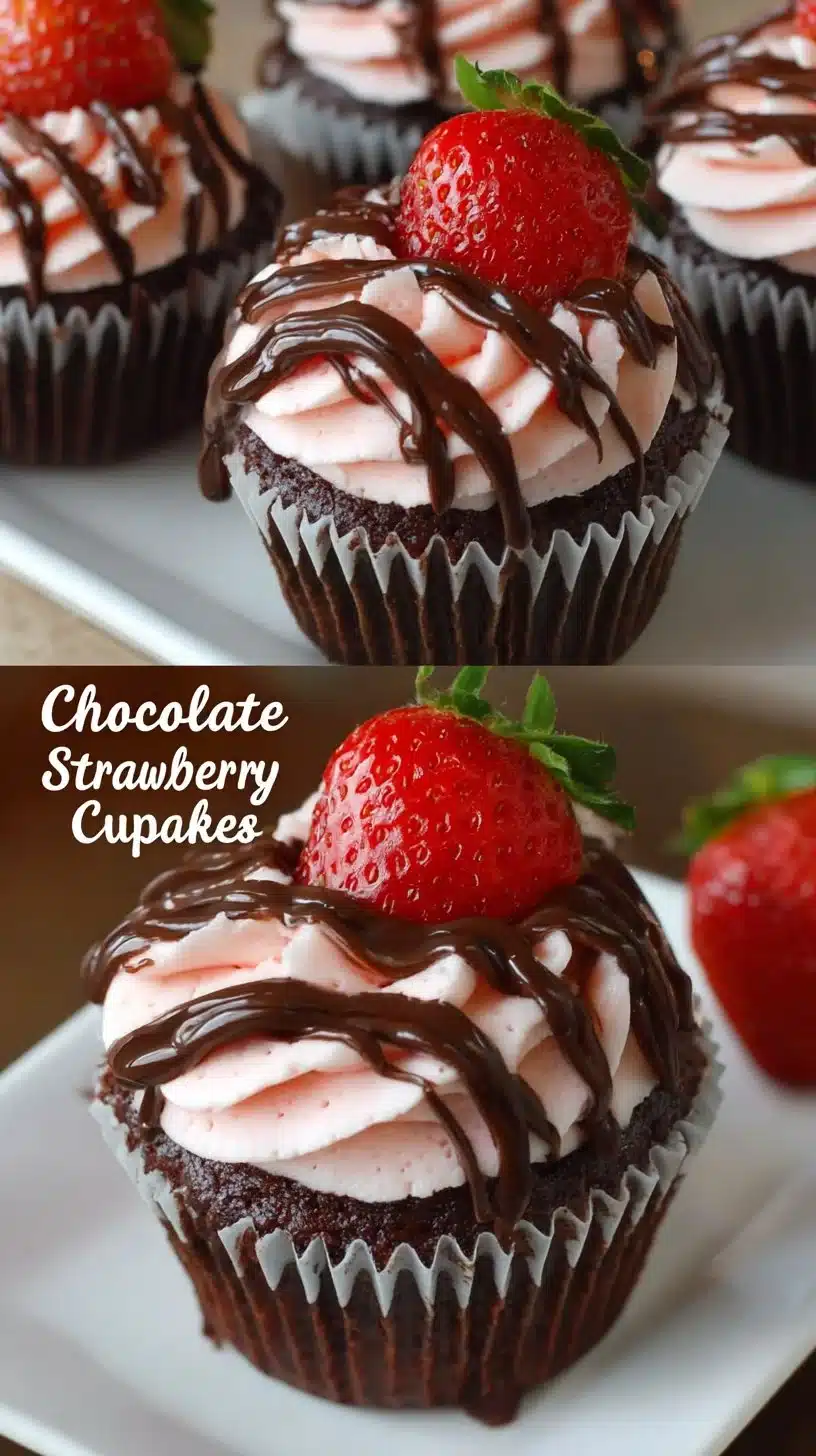 Chocolate dipped strawberry cupcakes topped with fresh strawberries and chocolate drizzle.